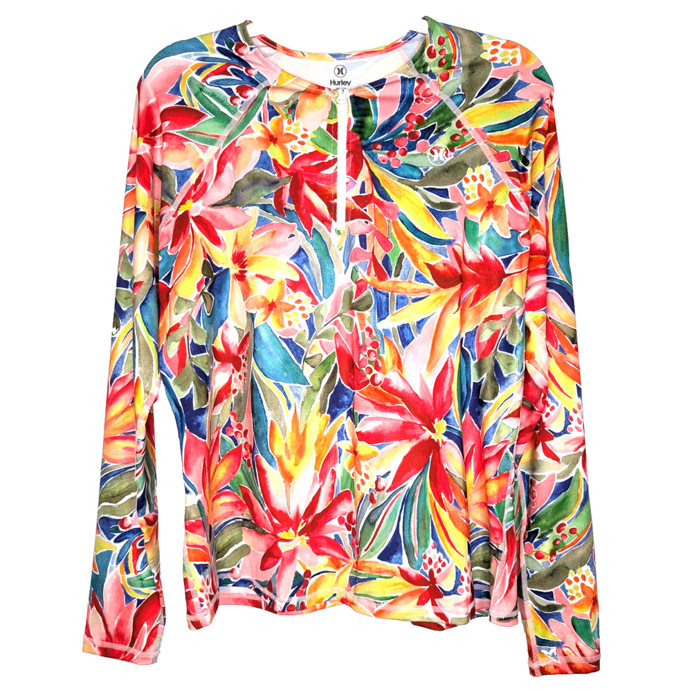 Hurley Womens UPF 50+ Long Sleeve Tropical Print Rashguard Surf Swim Beach Large - Picture 4 of 9